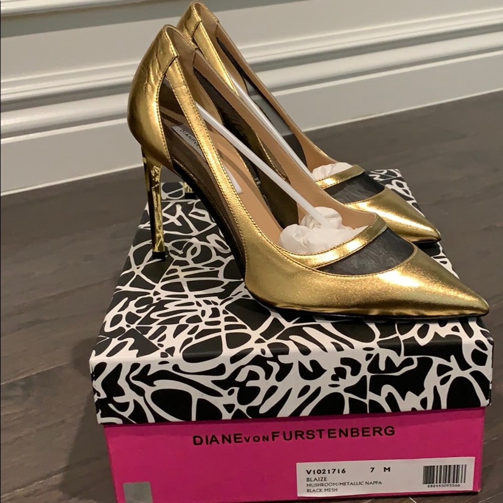 DVF metallic gold and black mesh pump